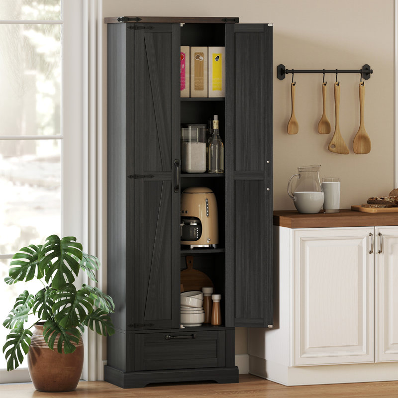 Garde-manger de 71 po de hauteur, armoire de rangement de ferme avec portes de grange, tiroir et tablettes réglables, garde-manger autoportant pour cuisine, salle à manger, blanc