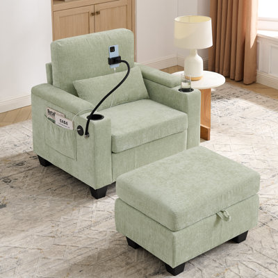 Modern Recliner With Adjustable Backrest, Cyan Chenille Fabric, Multi-functional Storage