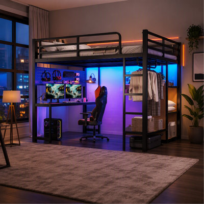 Grand lit mezzanine avec tablettes de rangement et bureau, lit mezzanine en métal avec ports USB, lumières et tringle, conception de planches, noir