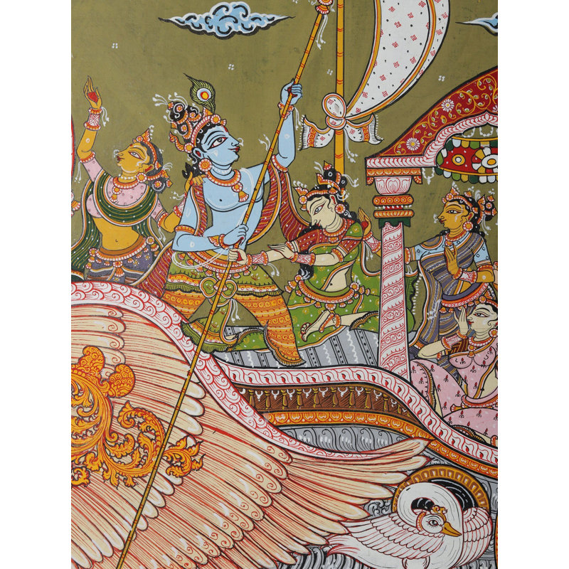 «Nauka Vihar» - Lord Krishna avec Gopis sur un bateau | Aquarelle sur toile faite à la main
