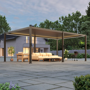 Waterproof Outdoor Pergola with LED Strip Lights, Rust-Proof Metal Pergola with Adjustable Roof for All-Weather Shade