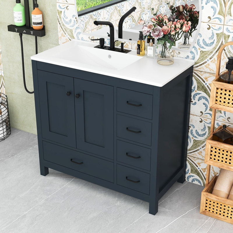 Meuble-lavabo simple autoportant moderne en bois avec grand rangement et lavabo en céramique, Bleu