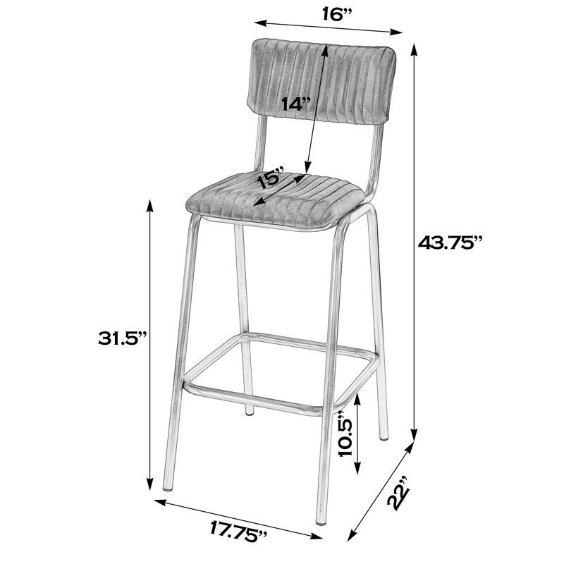 Tarak 30 in. Seat Height Leather and Iron Bar Height Stool with Back and Footrest, Silver/Black