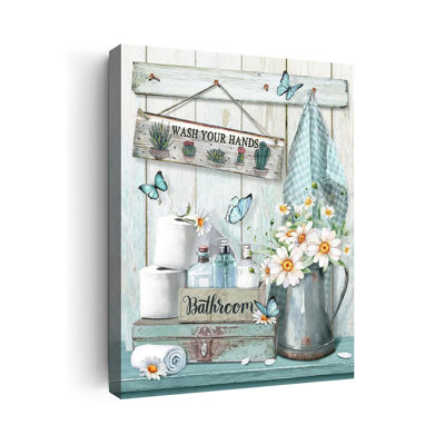 Art mural de salle de bain salle de bain laver vos mains signe rétro fleur papillon vintage toile art ferme de salle de bain peinture décoration intérieure encadrée prête à accrocher 16 x 24 po