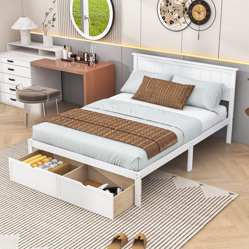 Lit plateforme double avec tiroirs de rangement spacieux sous le lit, Blanc