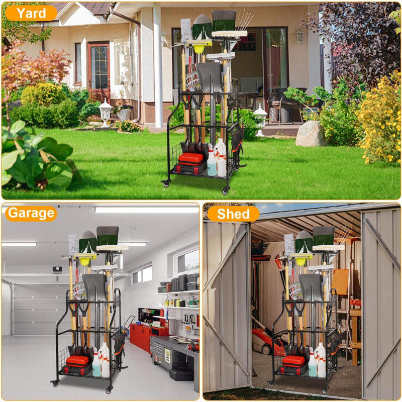 Organisateur d'outils de jardin, organisateur d'outils de jardin en acier robuste pour le garage, jusqu'à 49 outils à long manche, rangement d'outils de jardin avec roues, organisateur d'outils de jardin pour le garage, organisateur d'outils de garage