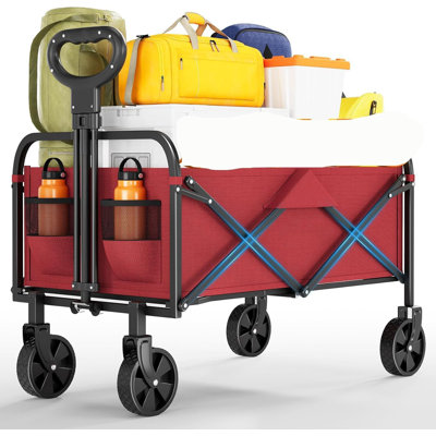 Chariot utilitaire pliable avec roues tout-terrain, porte-gobelets et poignée réglable, chariot d'épicerie portable pour le magasinage, le camping, le jardin, 380 lb