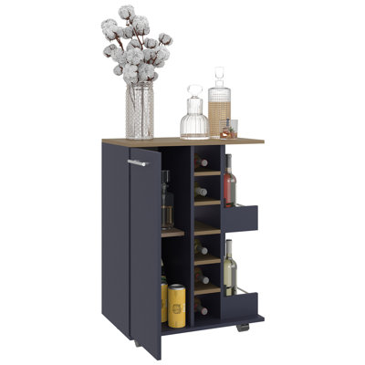 Bar Cart In Natural Oak And Navy Blue Colors, Two External Shelves, Four With Lock, Six Built - Wine , A Single Door Cabinet, Spacious Enclosed 2 Open Liquor Bottle Shelves Rail Guards, , Made From