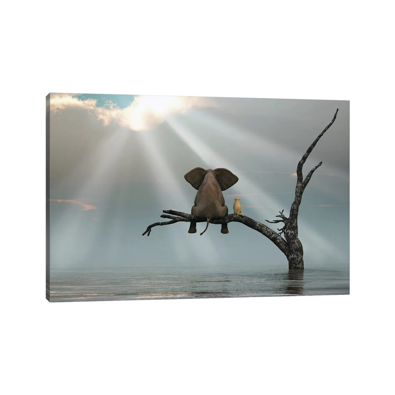 " Elephant And Dog Are Sitting On A Tree Fleeing A Flood " by Mike Kiev, Wrapped Canvas, 26" H x 40" W x 1.5" D