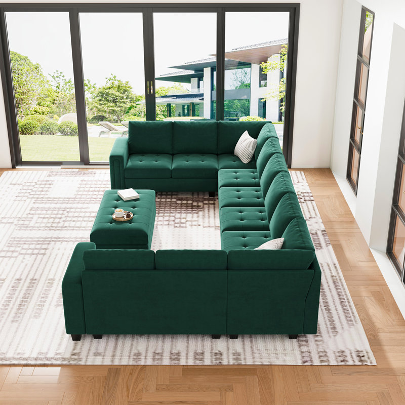 Shavera 155.8" W Velvet Upholstered 8-Person Sectional with Ottoman, Green Velvet