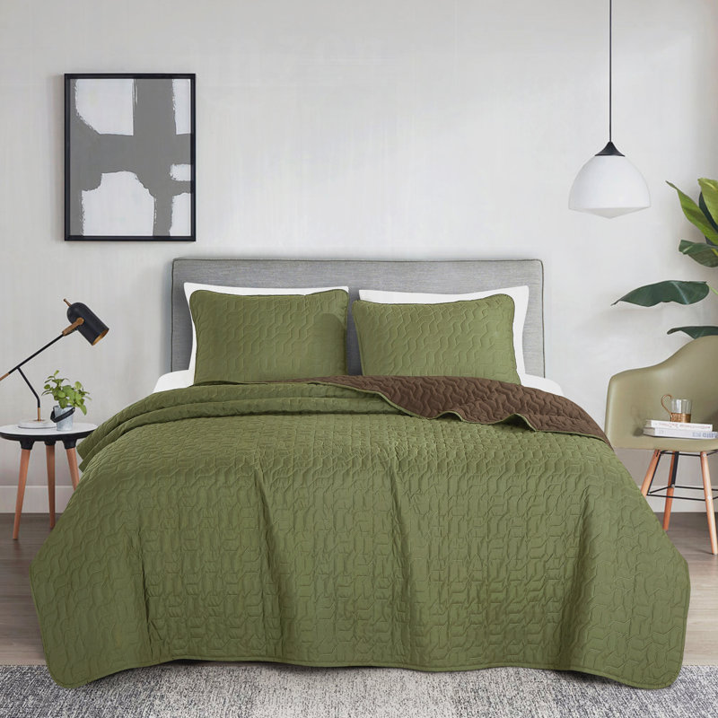 3-Piece Reversible Solid Olive Green & Brown Microfiber Bedspread Set – Quilted Polyester Bedding With Matching Shams,Queen