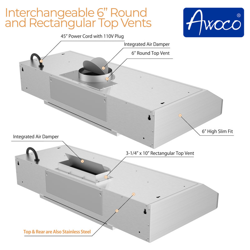 Awoco 36" Stainless Steel 900 CFM Ducted (Vented) Under Cabinet Range Hood with Baffle Filter