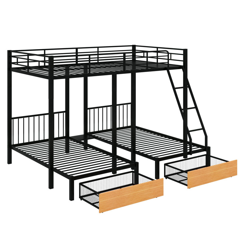 Lit double superposé double au-dessus de simple avec tiroirs de rangement pratiques, Black