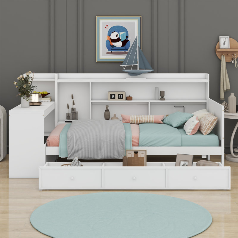 Wooden Daybed With 3 Drawers, USB Ports And Desk, White, Full