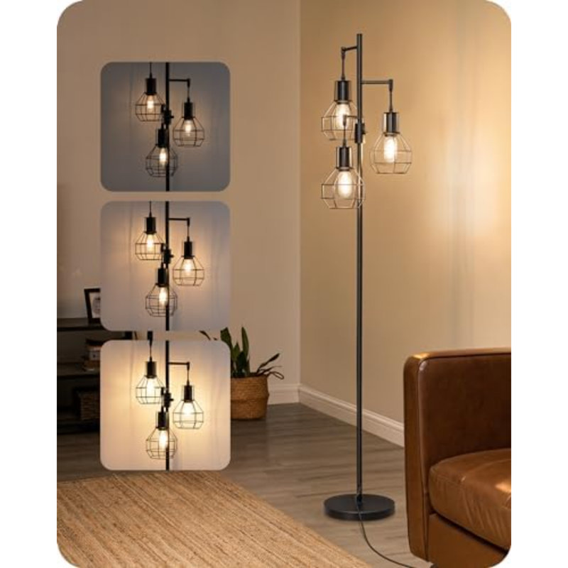 Dimmable Farmhouse Floor Lamp, Industrial Standing Lamp For Living Room, 3 LED Edison Bulbs Included, Black Corner Rustic Tall Tree Reading Lamps Home Decor For Bedroom, Office