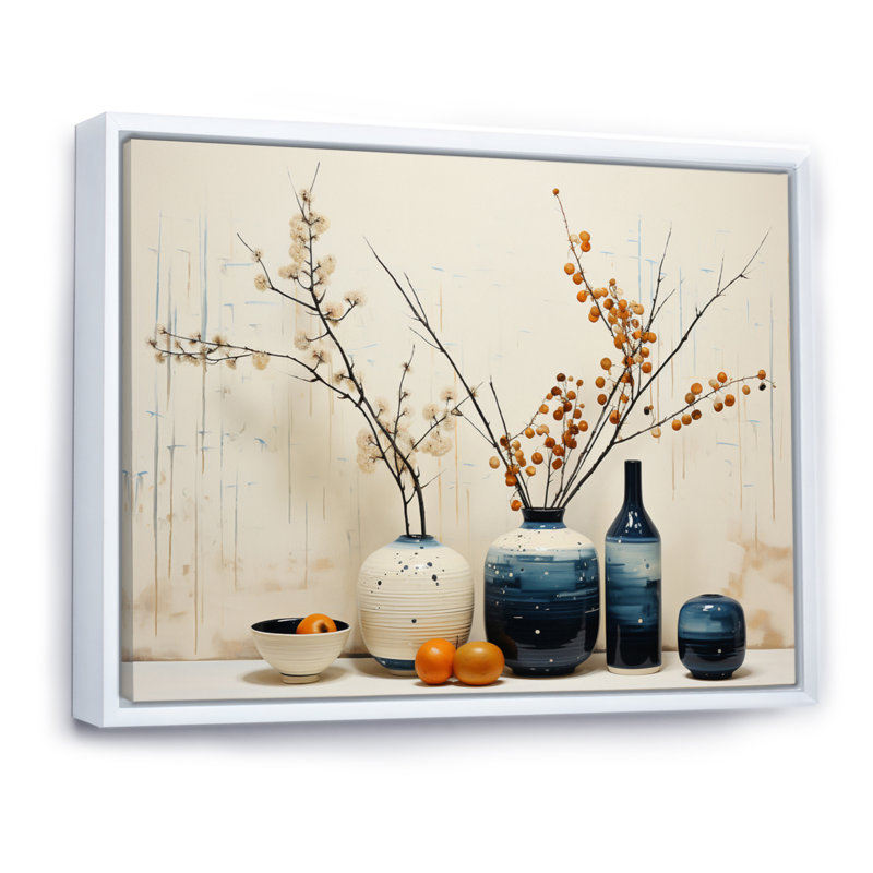 «Blue Beige Minimalist Oasis Pottery», reproduction d'art sur toile, Cadre flottant blanc, H 34 po x l 44 po x P 1,5 po