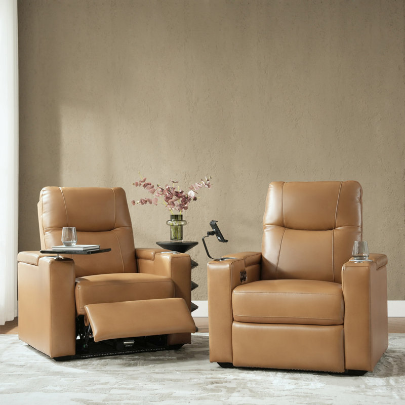 Lapin Built-in Lighting Genuine Leather Home Theater Power Recliner with Adjustable Power Headrest (Set of 2)