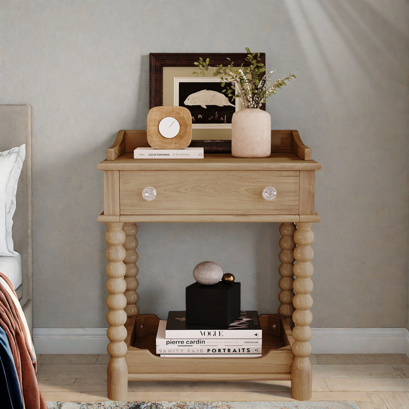 Retro Style Nightstand With 1 Drawer, An Open Shelf, Turned Legs And Metal Handles