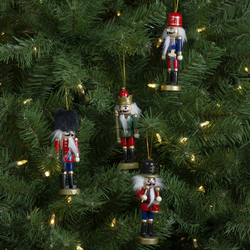 Set of 4 Classic Wooden Nutcracker Ornaments with Faux Fur