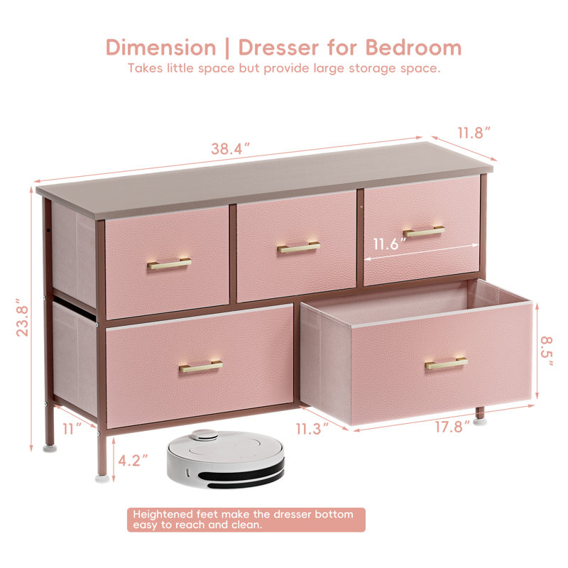 Dresser for Bedroom White Dresser Organizer TV Stand Storage Chests Closet Fabric Dresser 5 Drawers, Pink