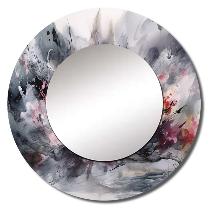 Stefoni Evolving In Pink Grey Ink II - grand miroir mural géométrique, miroir rond moderne unique, impression d'art en métal