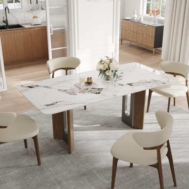Table de salle à manger de style moderne 63 "avec plateau en pierre frittée blanc brillant, table de cuisine de luxe avec pieds en acier inoxydable pour 4 à 6