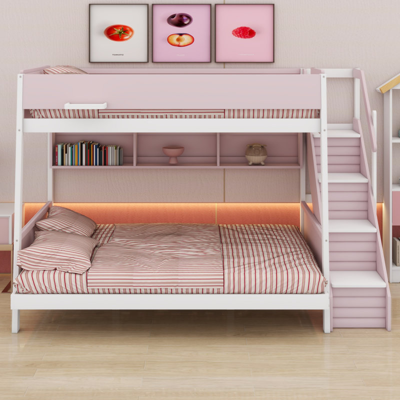 Lit superposé The Rayed Steps avec tablettes, Simple sur double, Rose
