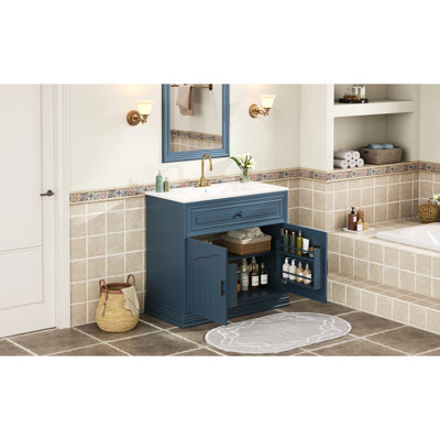 Meuble-lavabo de luxe 36 po avec lavabo rectangulaire en céramique, armoire à deux portes, tablettes réglables à plusieurs trous, mécanisme de fermeture en douceur, finition brillante, idéal pour le rangement