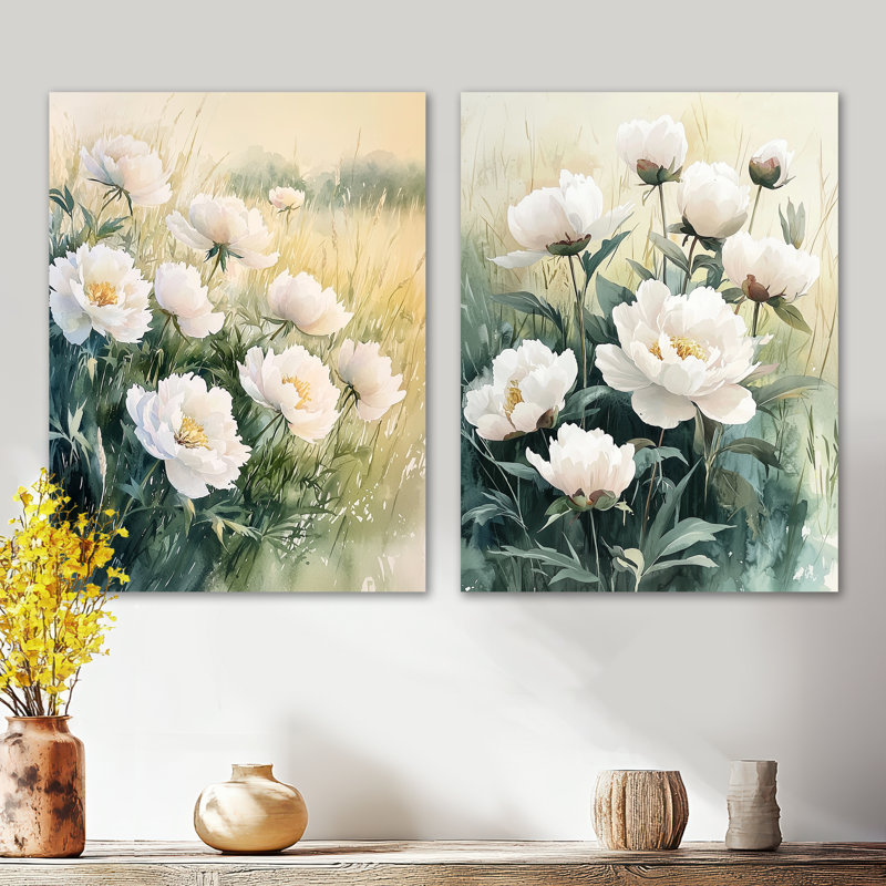 Pivoines et le champ ouvert I - ensemble de 2 décorations murales botaniques en métal, 32" H x 48" W