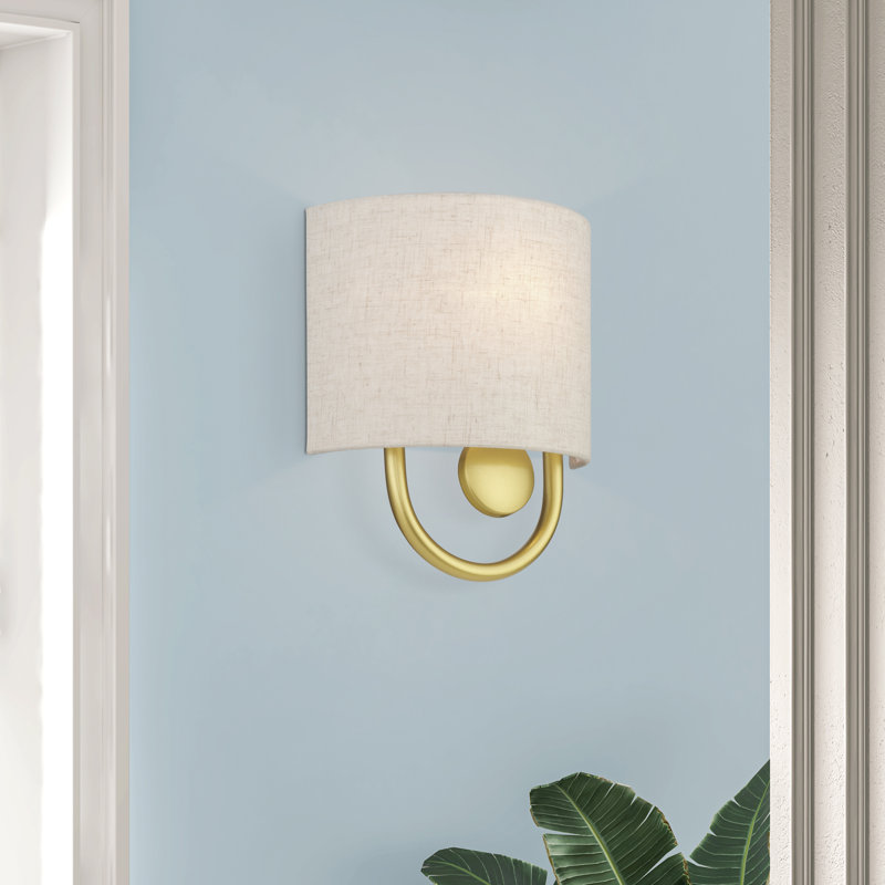 1 Light English Bronze ADA Sconce With Hand Crafted Oatmeal Fabric Shade With White Fabric Inside, Soft Gold