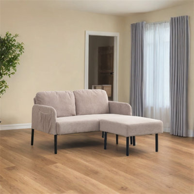 Beige L-Shaped 2 Seater Sofa With Ottoman