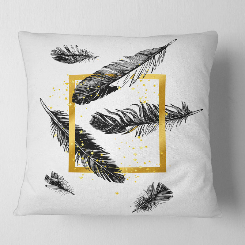 Coussin décoratif doré et éclectique Golden Frame and Feathers, 16" x 16"