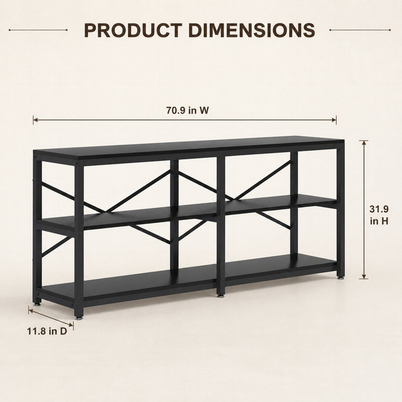 Table console extra longue de 70,9 pouces avec tablettes de rangement, Noir, Noir, Black