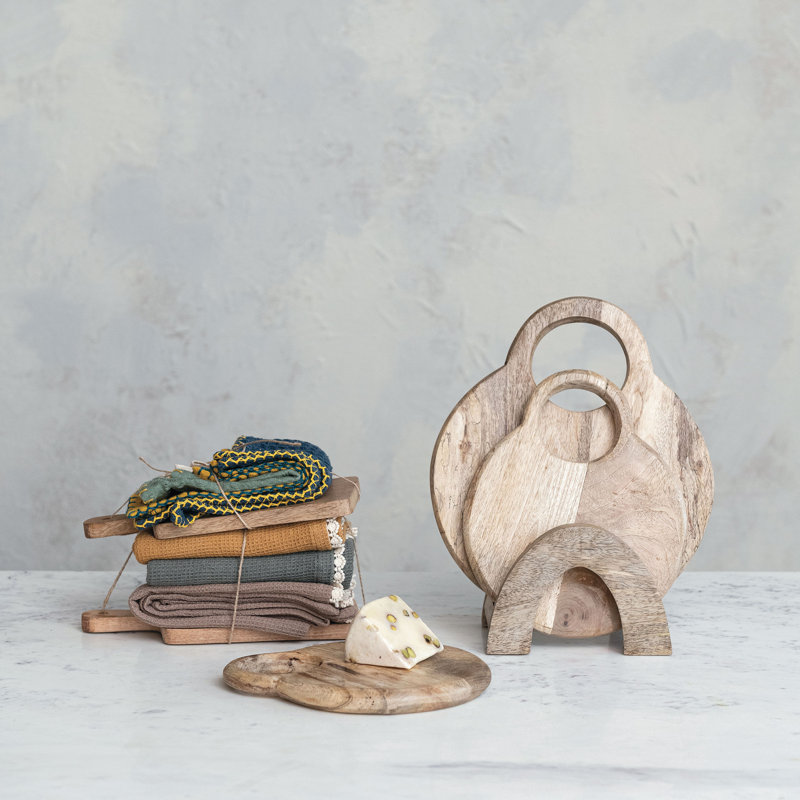3-Piece Round Mango Wood Cutting Boards In Various Sizes With Stand