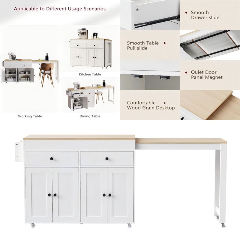 Îlot de cuisine 74,5 "avec table extensible - Conception peu encombrante, Blanc