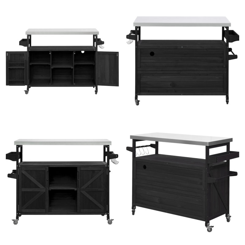 Îlot de cuisine extérieur avec chariot à roulettes et armoire de rangement noir