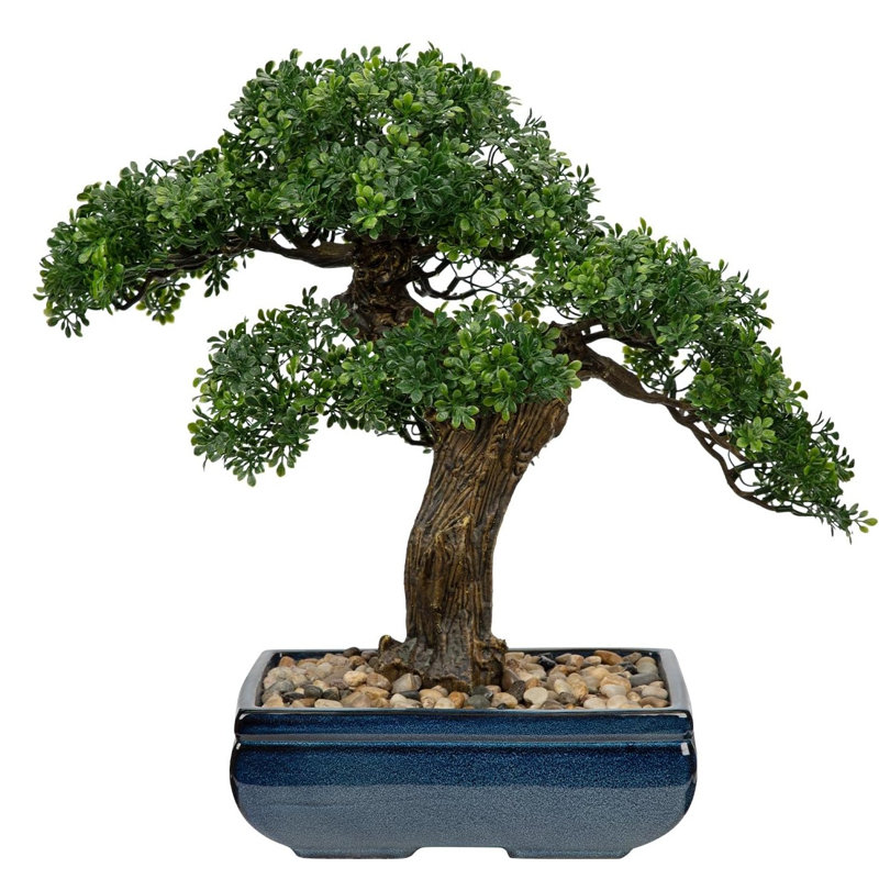 Genévrier artificiel avec pot en céramique carré bleu, décor de plante artificielle de table