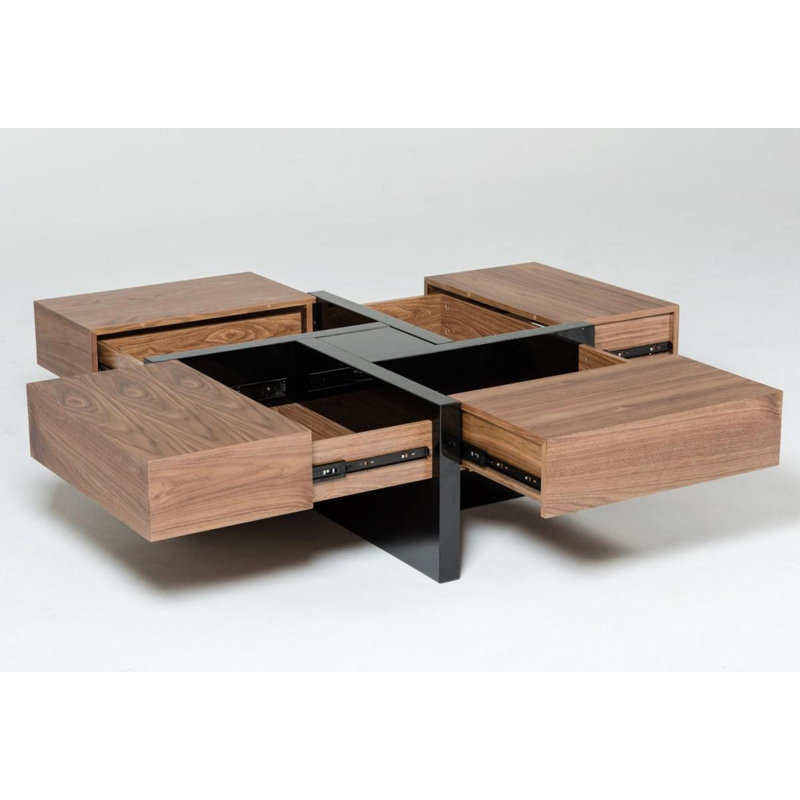 Billie Modern Walnut & Black Square Coffee Table with Hidden Storage