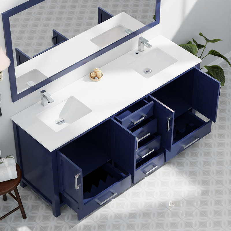 Meuble-lavabo double P 22 po, comptoir en quartz blanc, ensemble de robinets et miroir 28 po, Marine