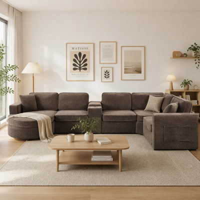 Modern 151.6" U-Shaped Modular Sectional Sofa with Center Console & Storage Pockets, Brown