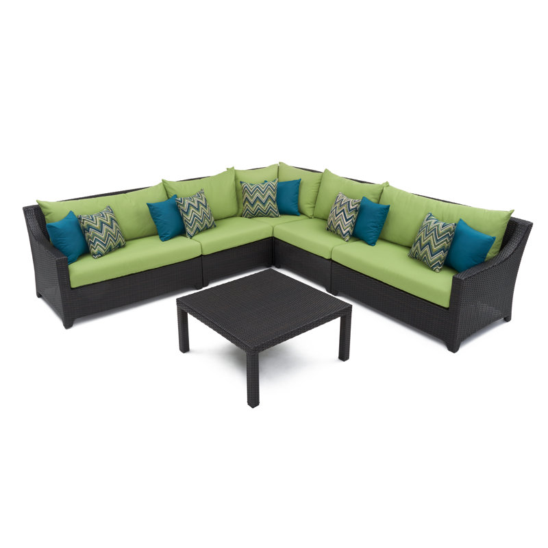 Fionnula 6 Piece Rattan Sectional Seating Group With Sunbrella Cushion Covers, Canvas Ginkgo Sunbrella® Canvas