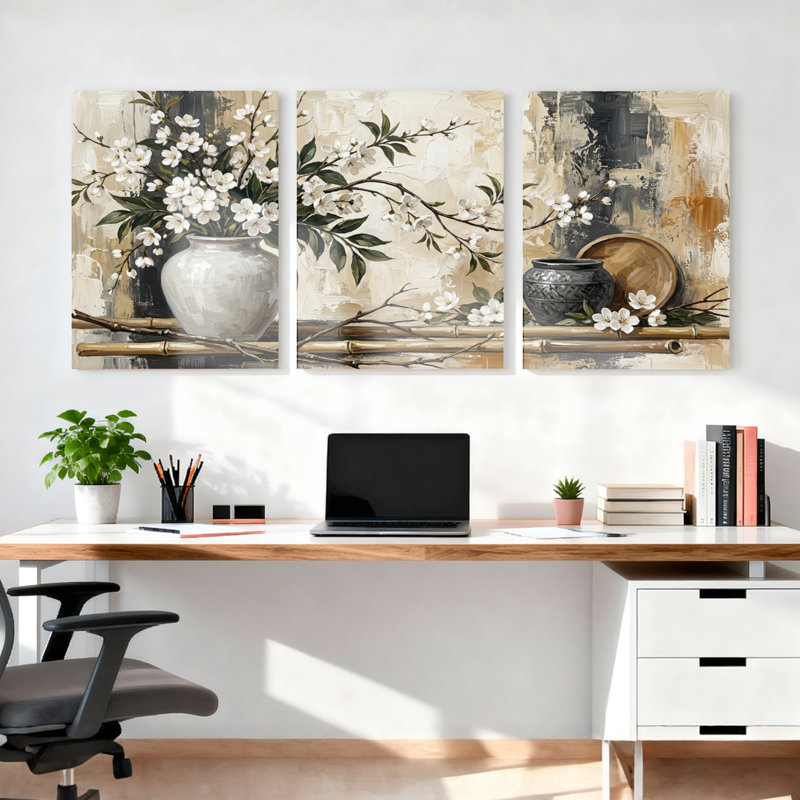 Ensemble de 3 tableaux sur toile tendue représentant des fleurs de cerisier blanches et un vase, pour la décoration du salon et de la chambre.
