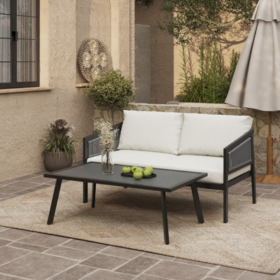 Outdoor Black Steel with PE Rope Loveseat with Cushions and Coffee Table Set
