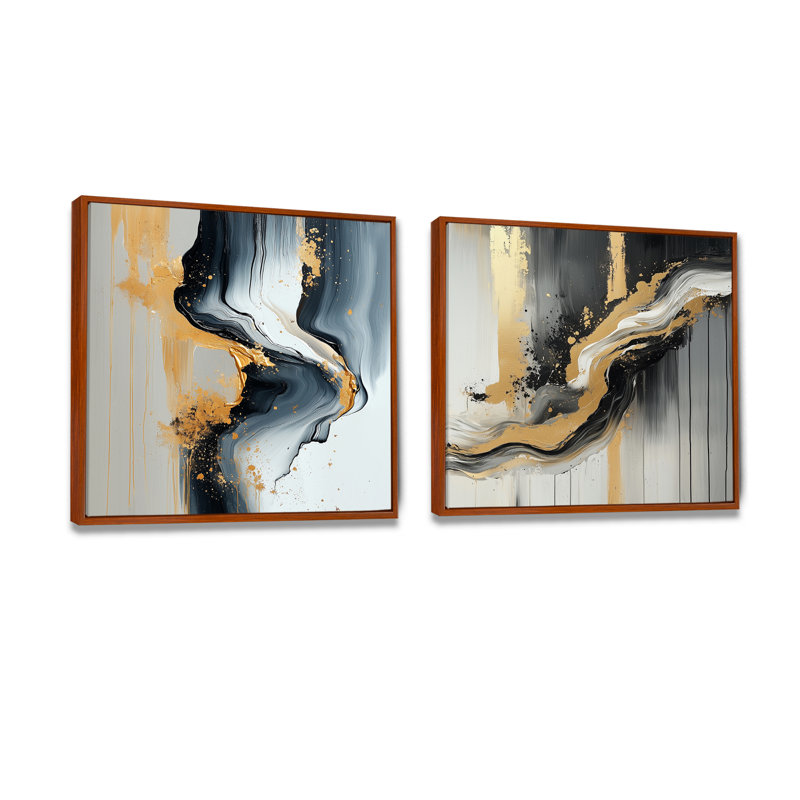 «Black I» et «Gold Ink River I» - Formes abstraites - Art mural moderne, ensemble de 2 pièces, H 16 po x l 33 po, Brun