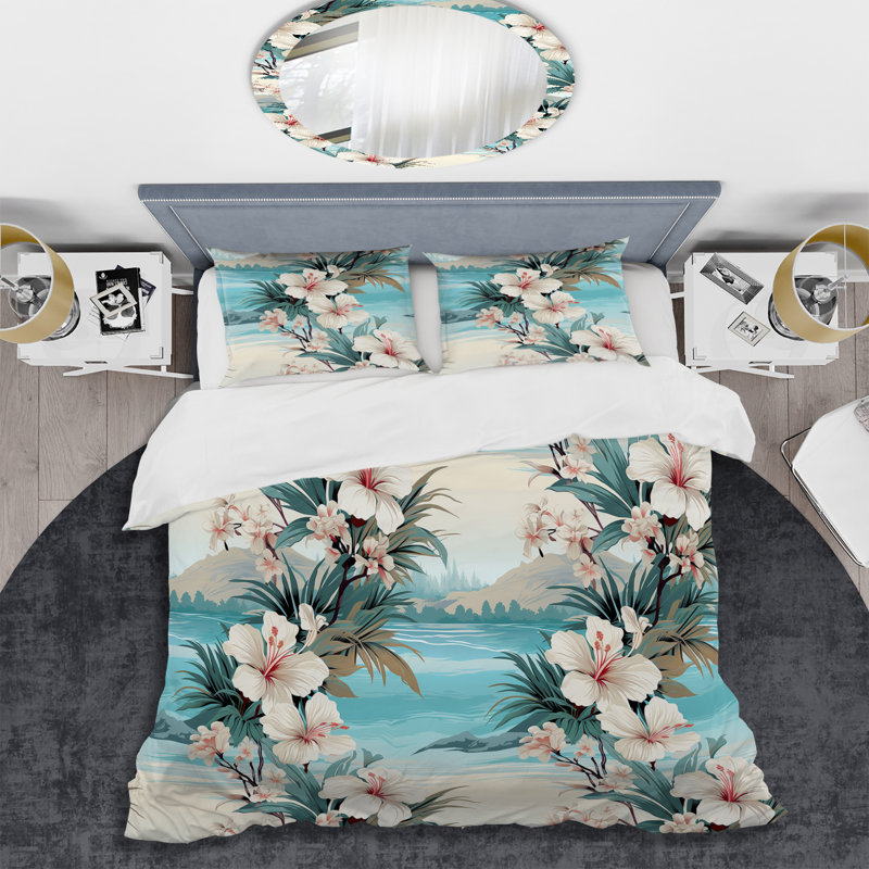 Floral Duvet Cover Set - Seaside Reflections Tropical Pattern, Twin Duvet Cover + 1 Standard Sham