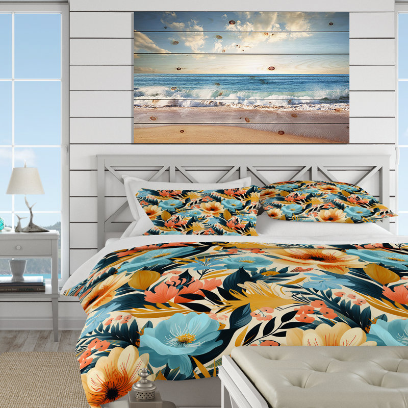 Ensemble de housse de couette fleurs claires à motif tropical, Housse de couette simple + 1 taie décorative stan