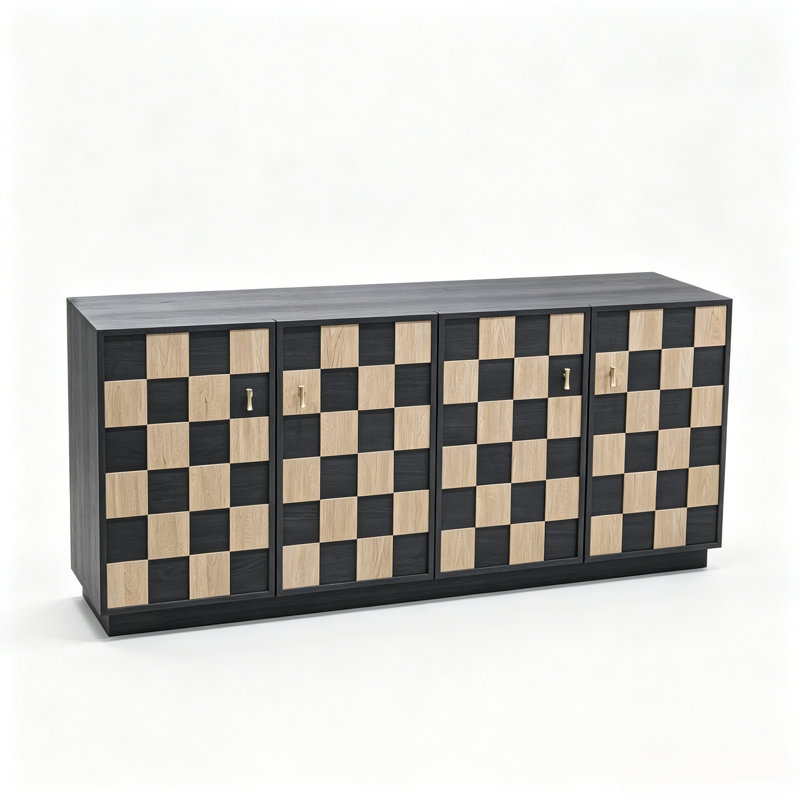 Meuble télé 68 po avec meuble télé géométrique 4 portes, console média moderne avec portes en damier