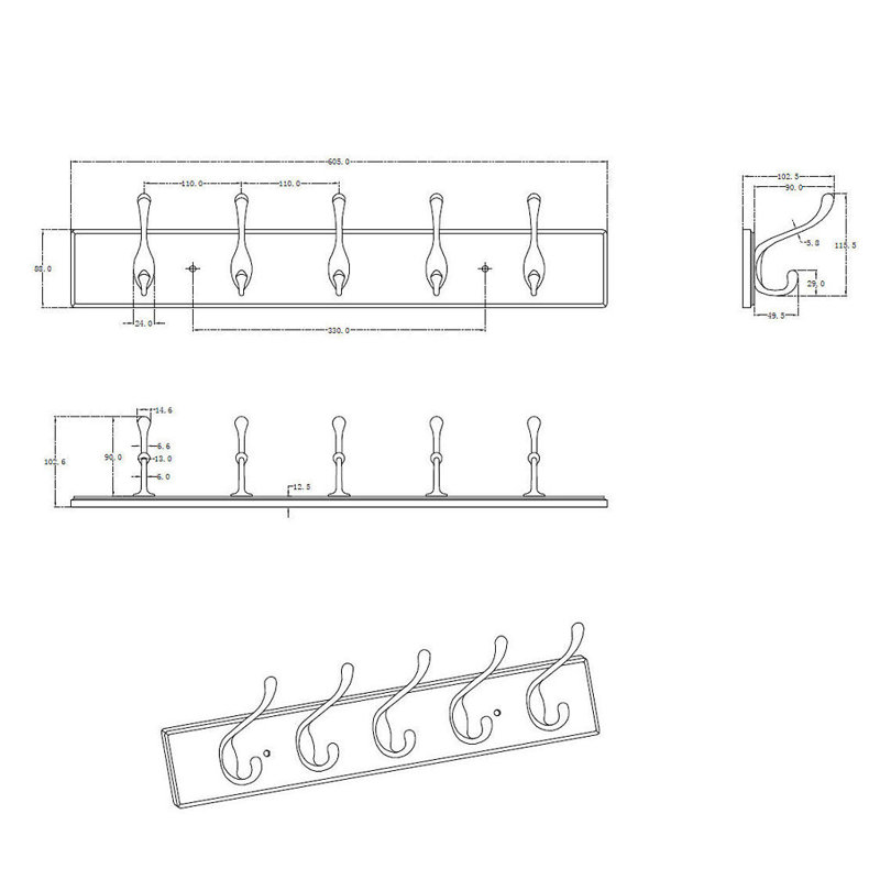 5 - Hook Wall Mounted Coat Rack, White