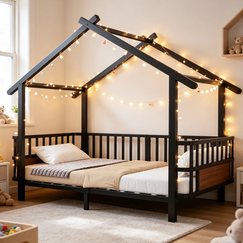 European Single (90 x 200 cm) House Bed, Black