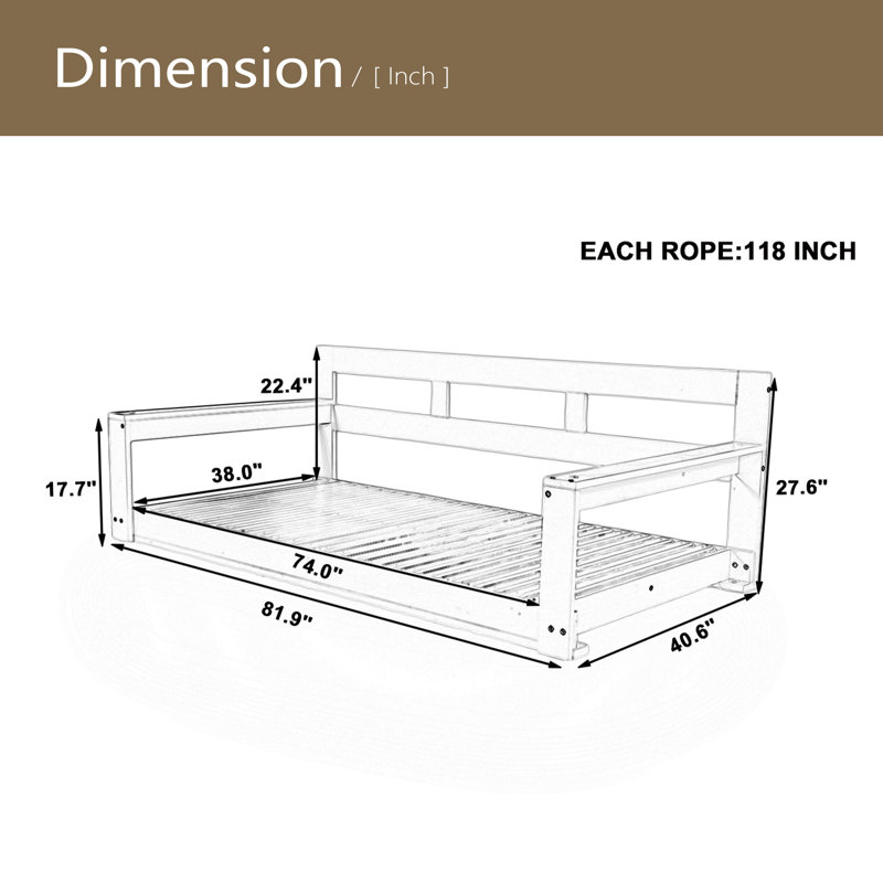 Structure de lit de jour de balançoire de véranda en bois pour patio, banc de balançoire de jardin avec 4 cordes de suspension pour la cour, extérieur